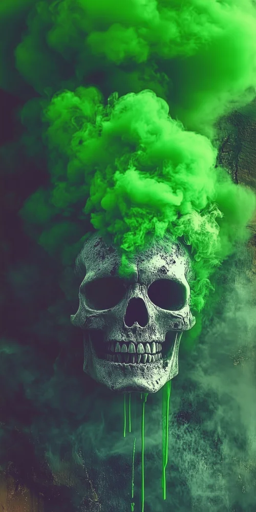 A skull with green smoke coming out of it wallpaper