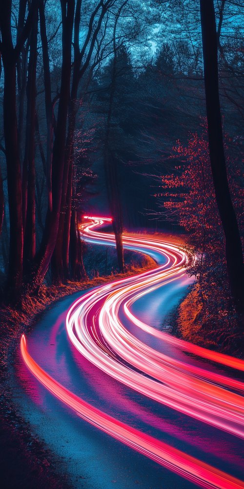 Curved road with light trails