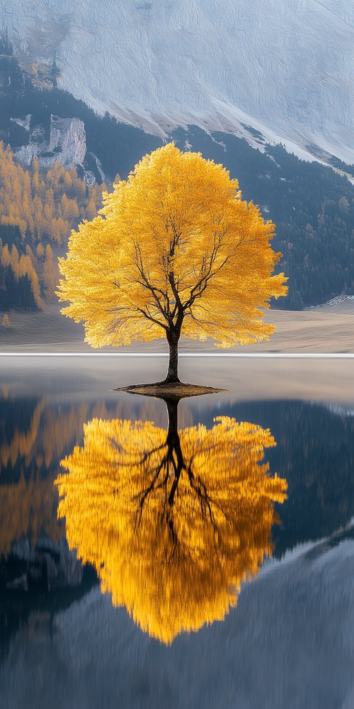 Yellow tree reflected in water 1 wallpaper