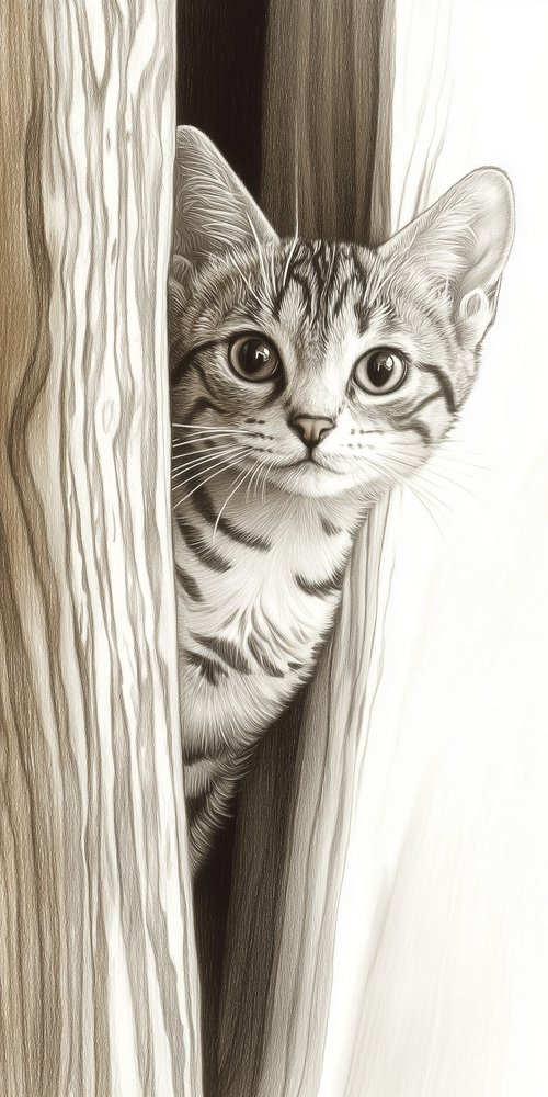 A cat peeking out from behind a tree wallpaper