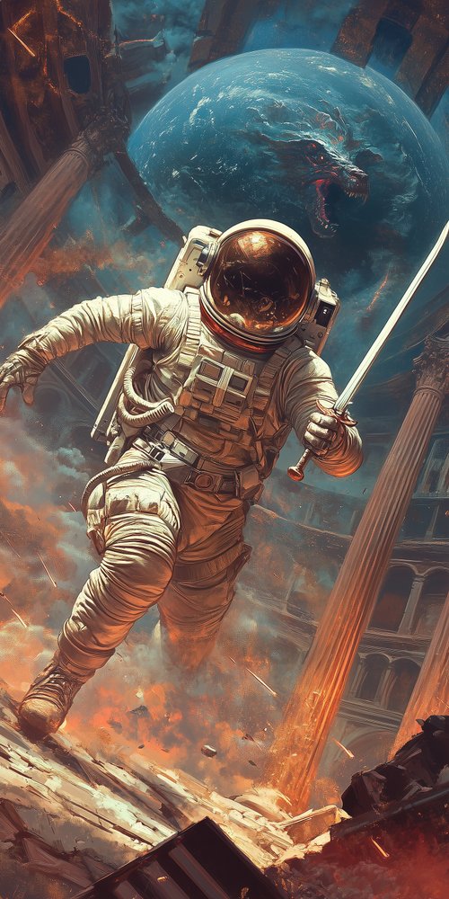 Astronaut with sword in ruins wallpaper