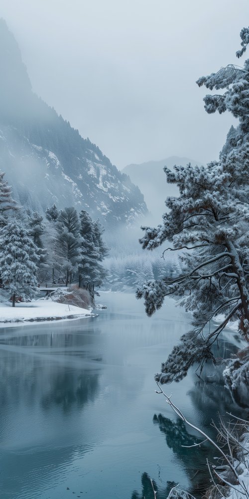 Snowy river and pine trees wallpaper