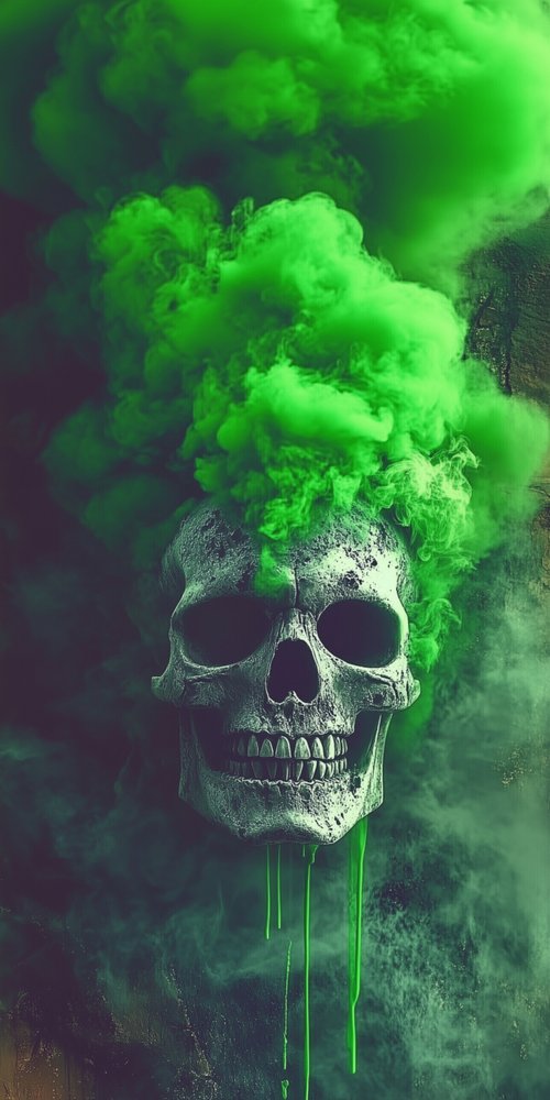 A skull with green smoke coming out of it wallpaper