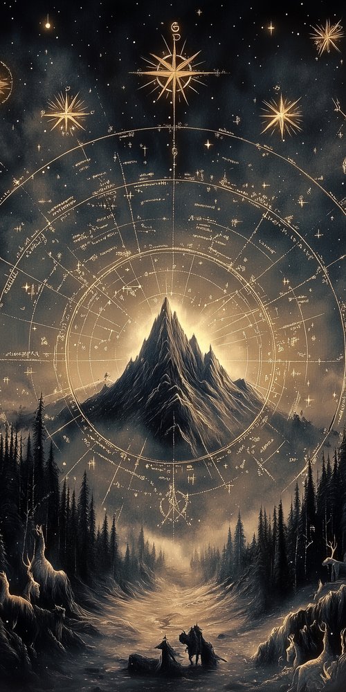 A painting of a mountain with a constellation wallpaper