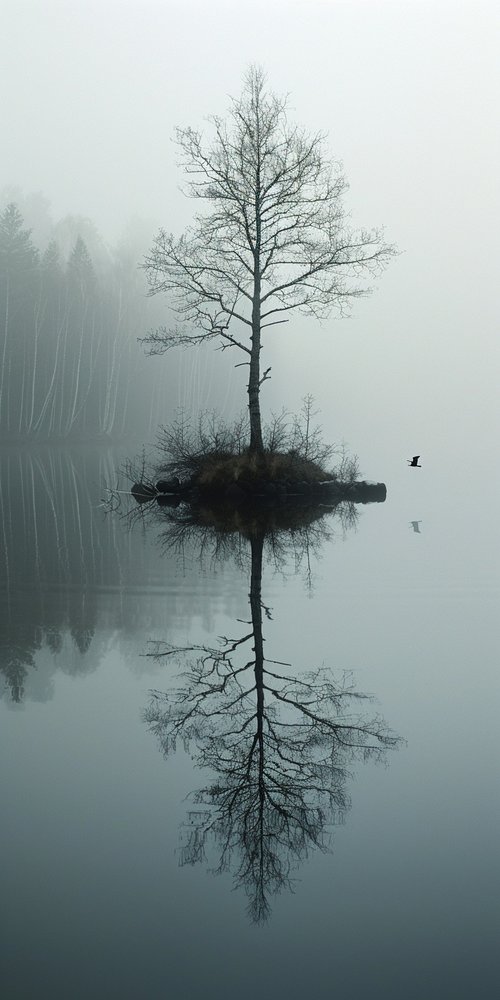 Misty lake tree reflection wallpaper