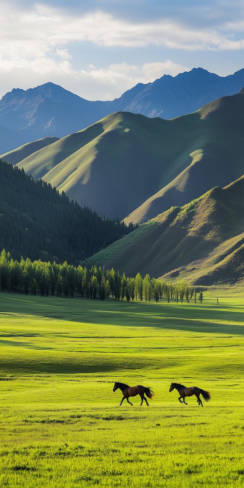 Two horses running in a field with mountains in the background wallpaper