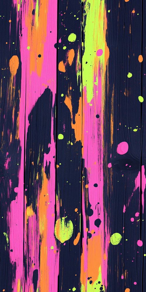 Neon paint splatters on wood wallpaper