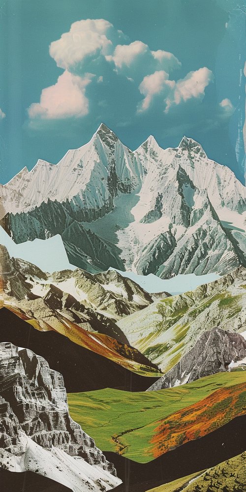 Layered mountains and sky collage wallpaper