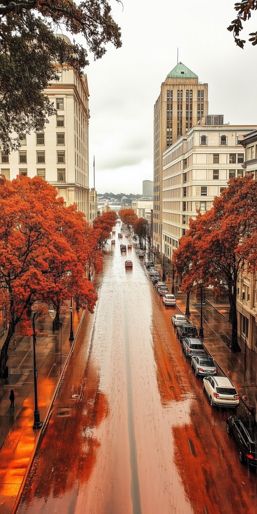 A street with a bunch of trees in the middle of it wallpaper
