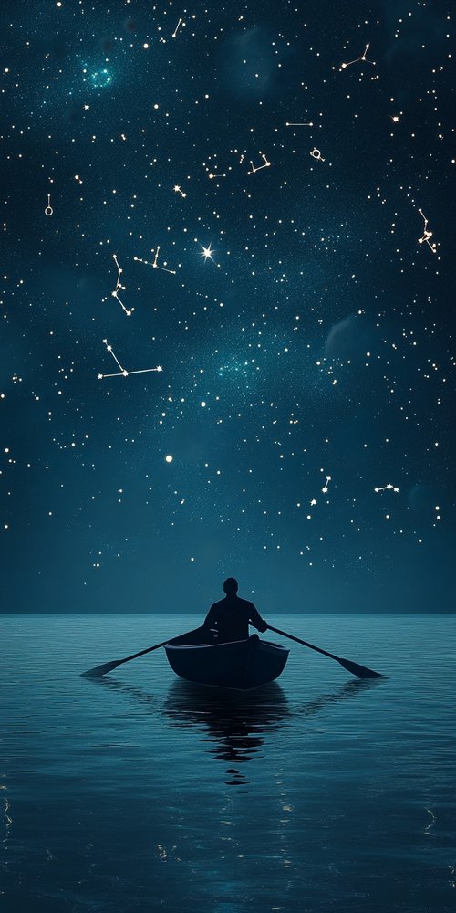 Person rowing under starry sky wallpaper