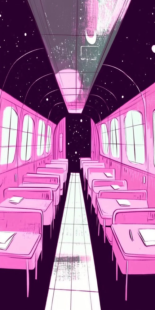 A pink train car with a long line of seats wallpaper