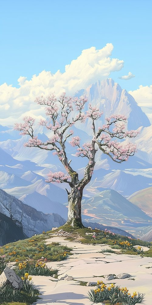 Blossoming tree on mountain wallpaper