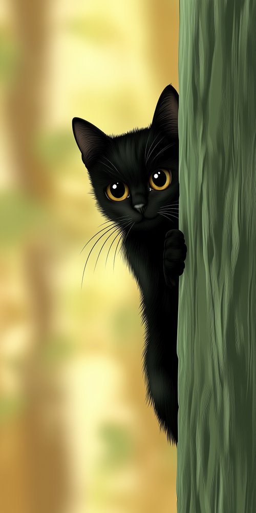A black cat peeking out from behind a tree wallpaper