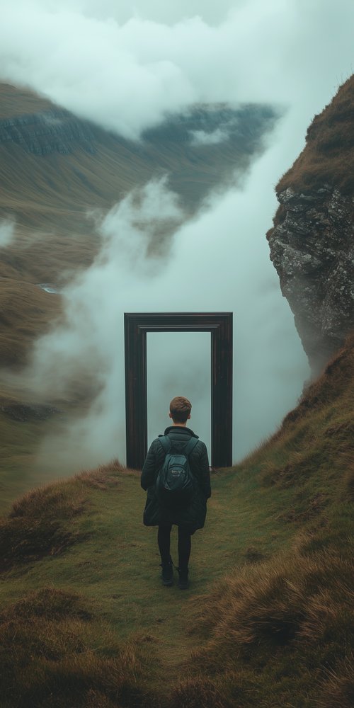 Person facing frame in mountains wallpaper