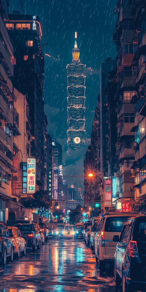 Rainy city street at night wallpaper
