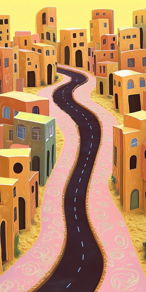 A painting of a road leading to a village wallpaper