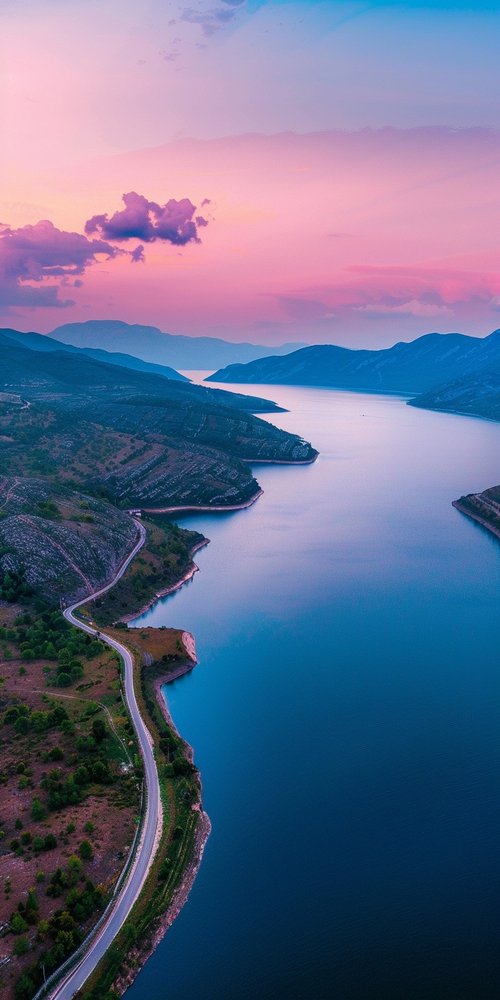 Sunset lake road view wallpaper