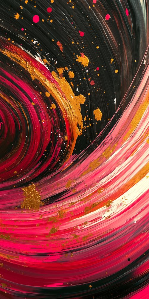 A painting with a swirl of red and black wallpaper