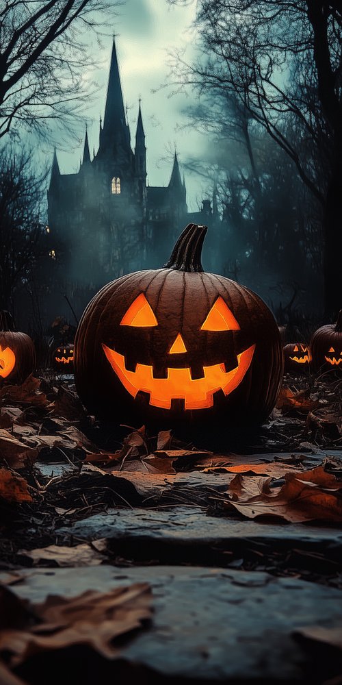 Jack o lanterns and spooky castle wallpaper