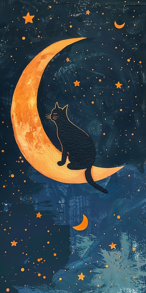 Cat sitting on crescent moon wallpaper