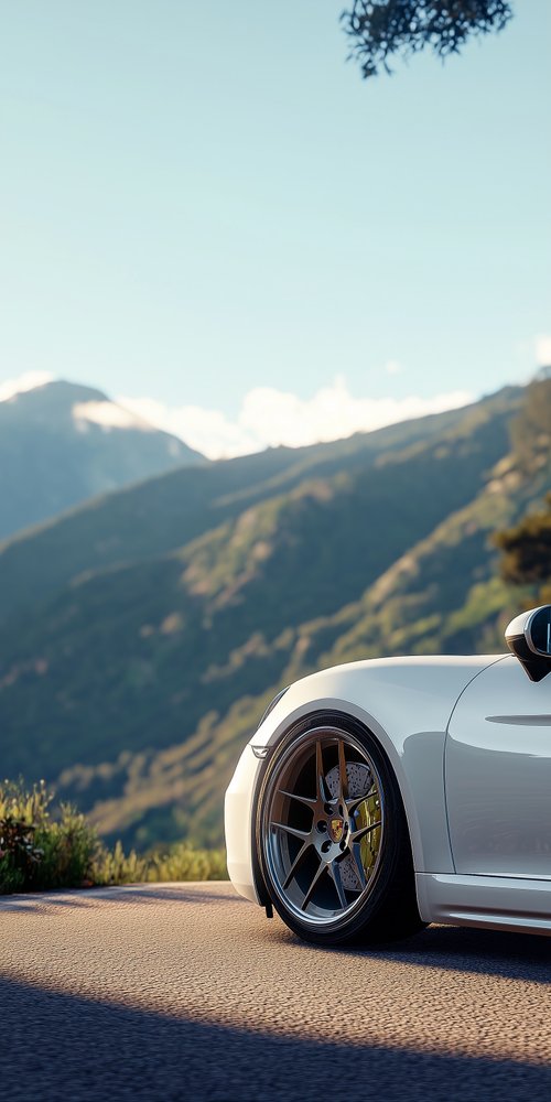 A white sports car parked on a road wallpaper