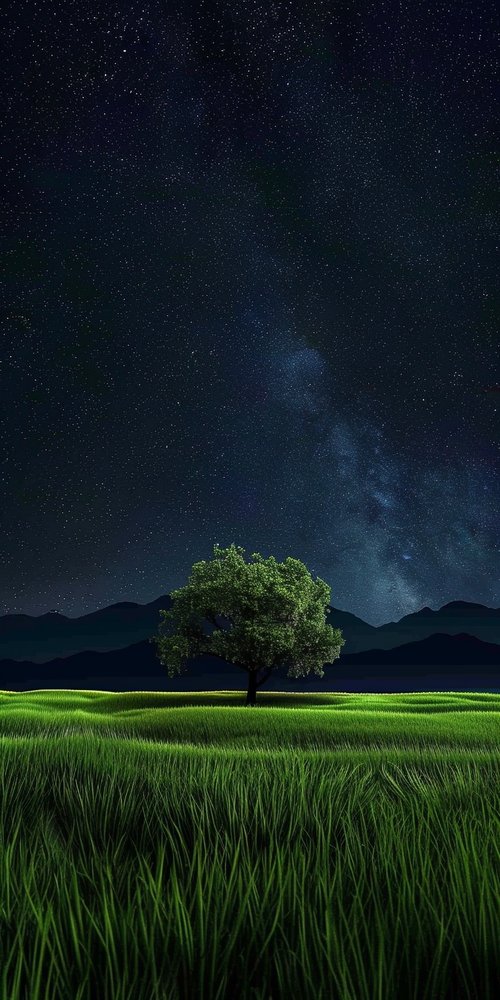 Tree under starry night sky wallpaper