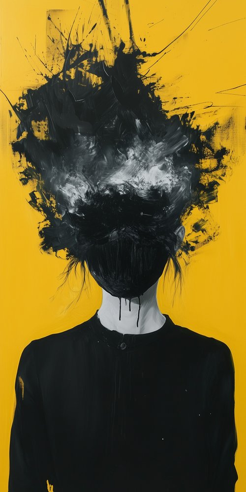 Black oil painting on the yellow wall wallpaper