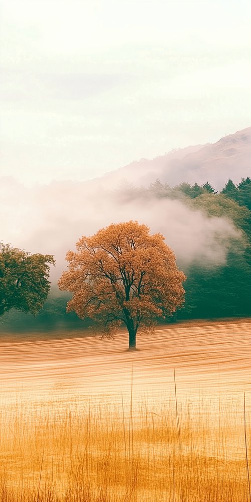 A lone tree in a field with a mountain in the background wallpaper
