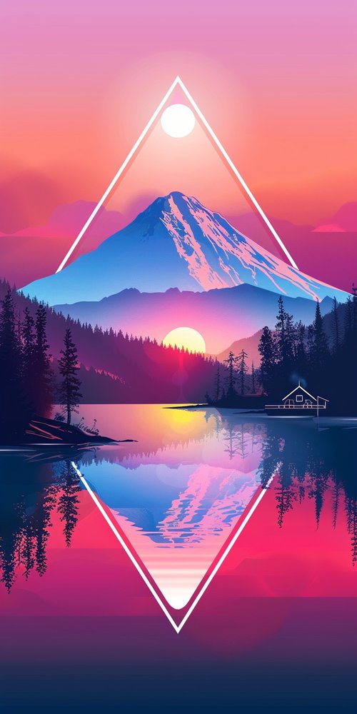 Sunset mountain lake artwork wallpaper