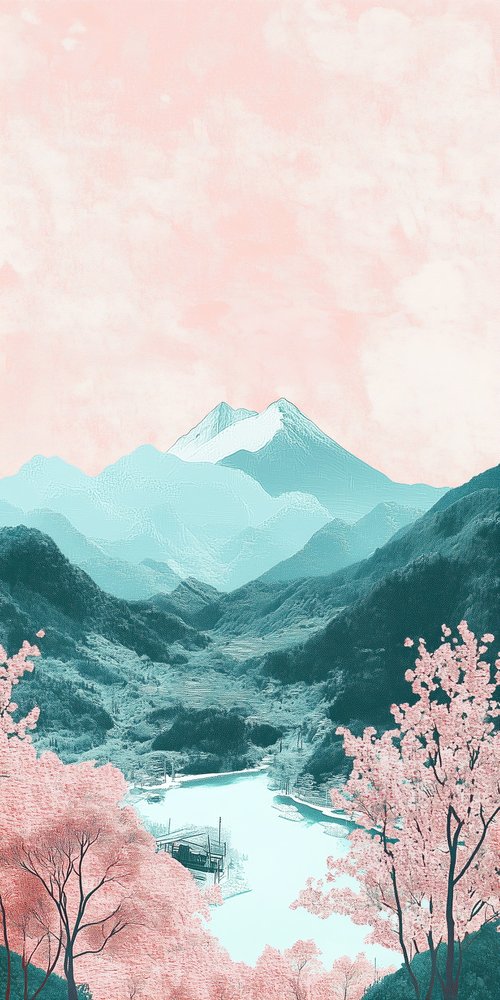Mountain landscape with cherry blossoms wallpaper
