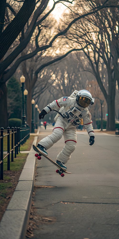 Astronaut skateboarding on street