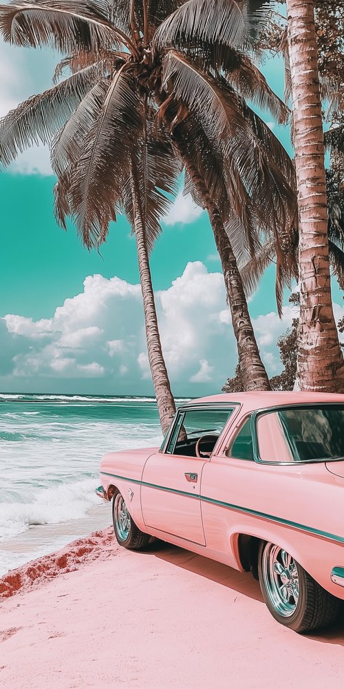 A pink car parked on a beach next to a palm tree wallpaper