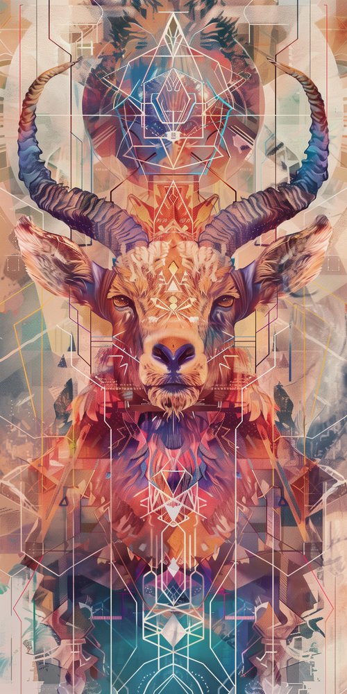 A digital painting of a goat with geometric shapes wallpaper