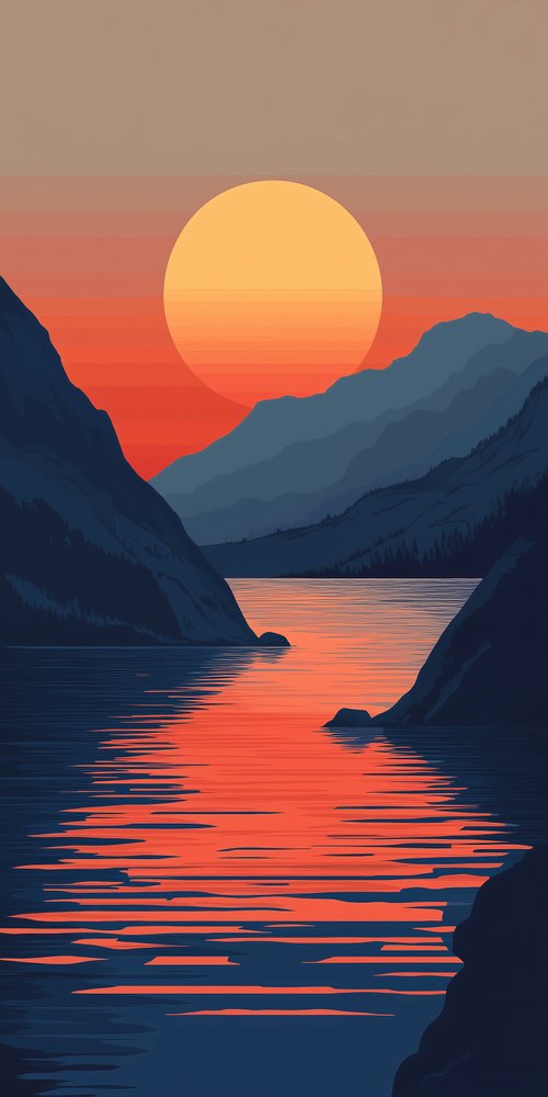 Sunset over mountainous lake wallpaper