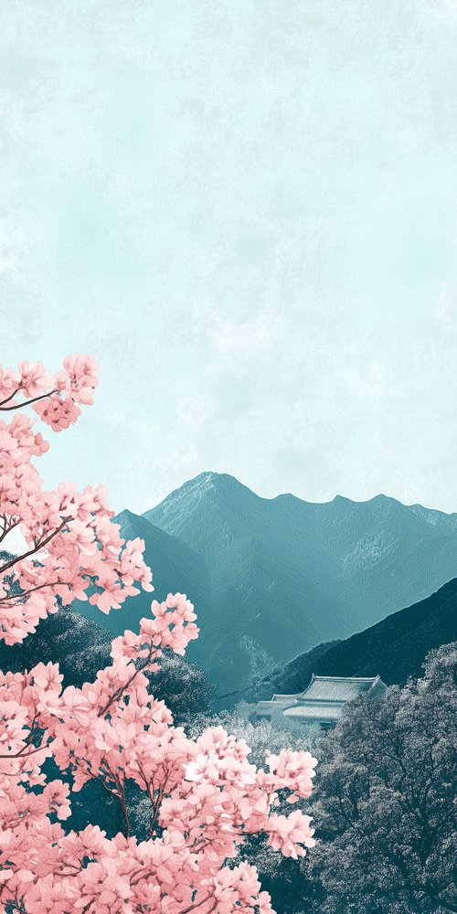 Cherry blossoms and mountains illustration wallpaper
