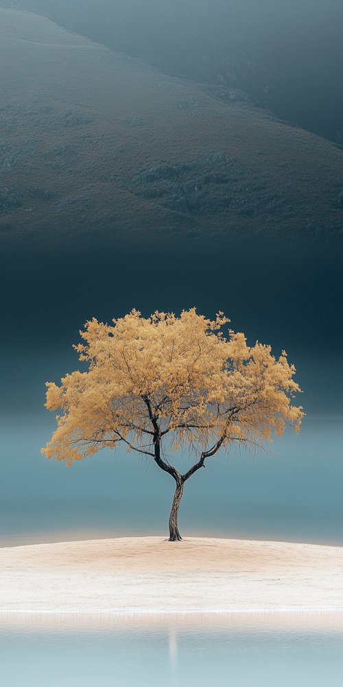 A tree in the middle of the lake beneath 2 wallpaper