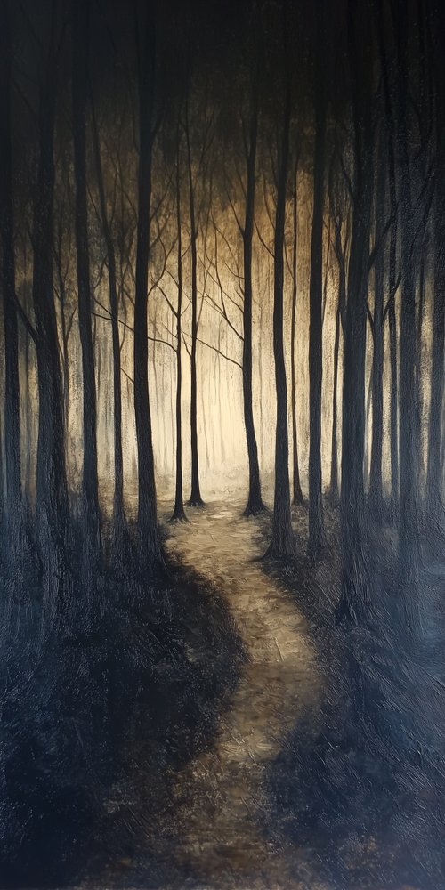 Dark forest path painting wallpaper