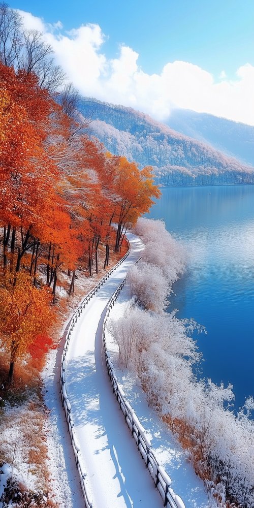 Snowy path by autumn trees wallpaper