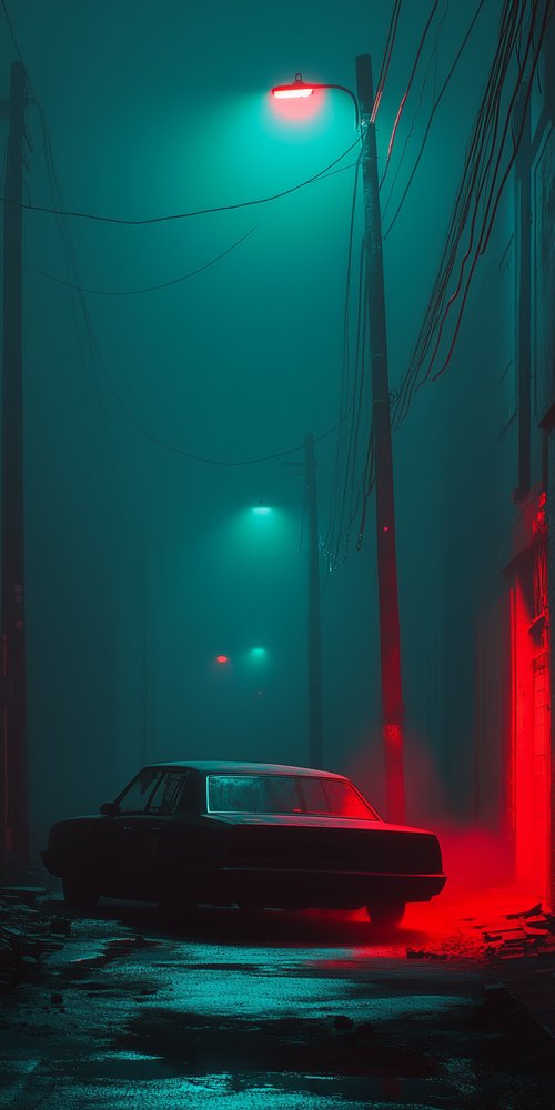 Car in foggy alleyway wallpaper