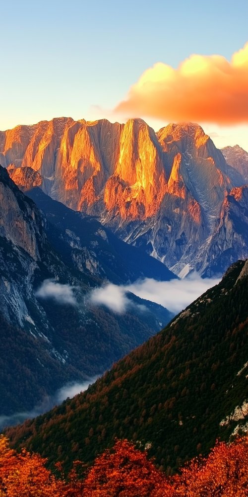 The mountains are covered in red leaves wallpaper