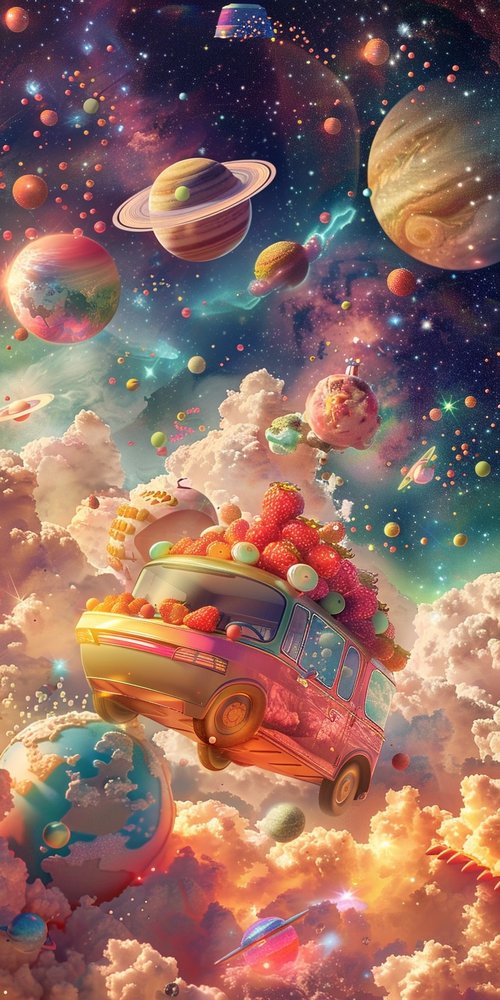 Flying van in surreal space wallpaper