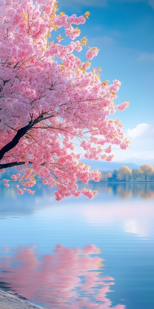 Cherry blossoms by a lake wallpaper