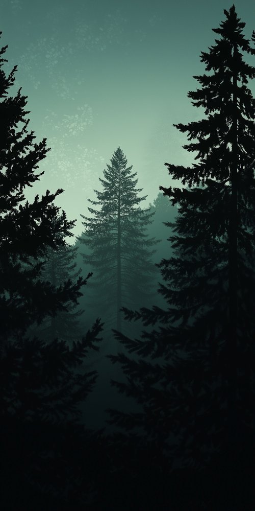 Silhouetted trees in foggy forest wallpaper