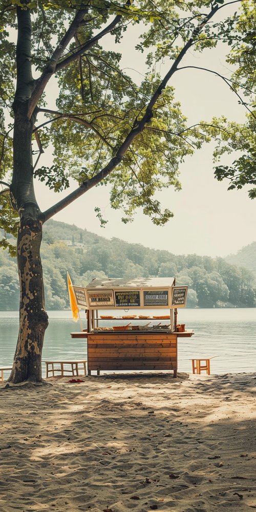 Beachside food stand trees lake wallpaper