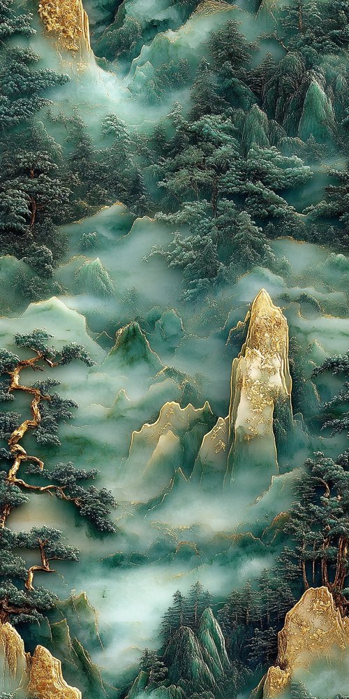 Misty mountains and trees wallpaper