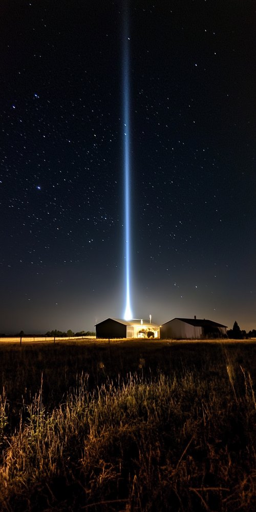 A field with a light beam in the sky wallpaper