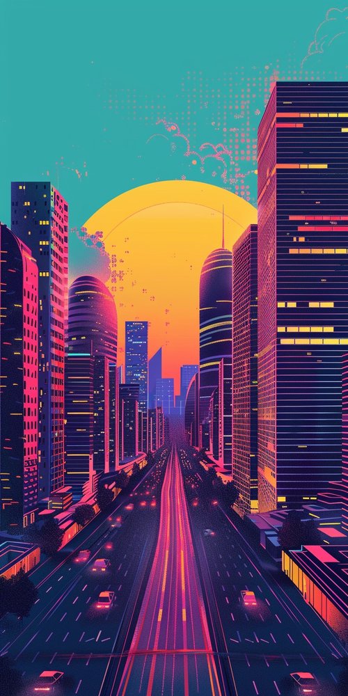 Futuristic cityscape with sunset wallpaper
