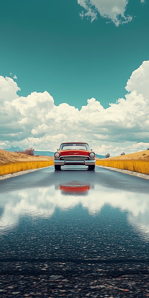 Red car on reflective road wallpaper