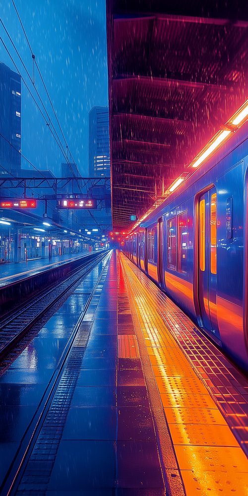 Rainy train station neon lights wallpaper