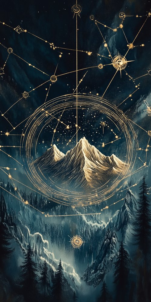 A painting of mountains and constellations wallpaper